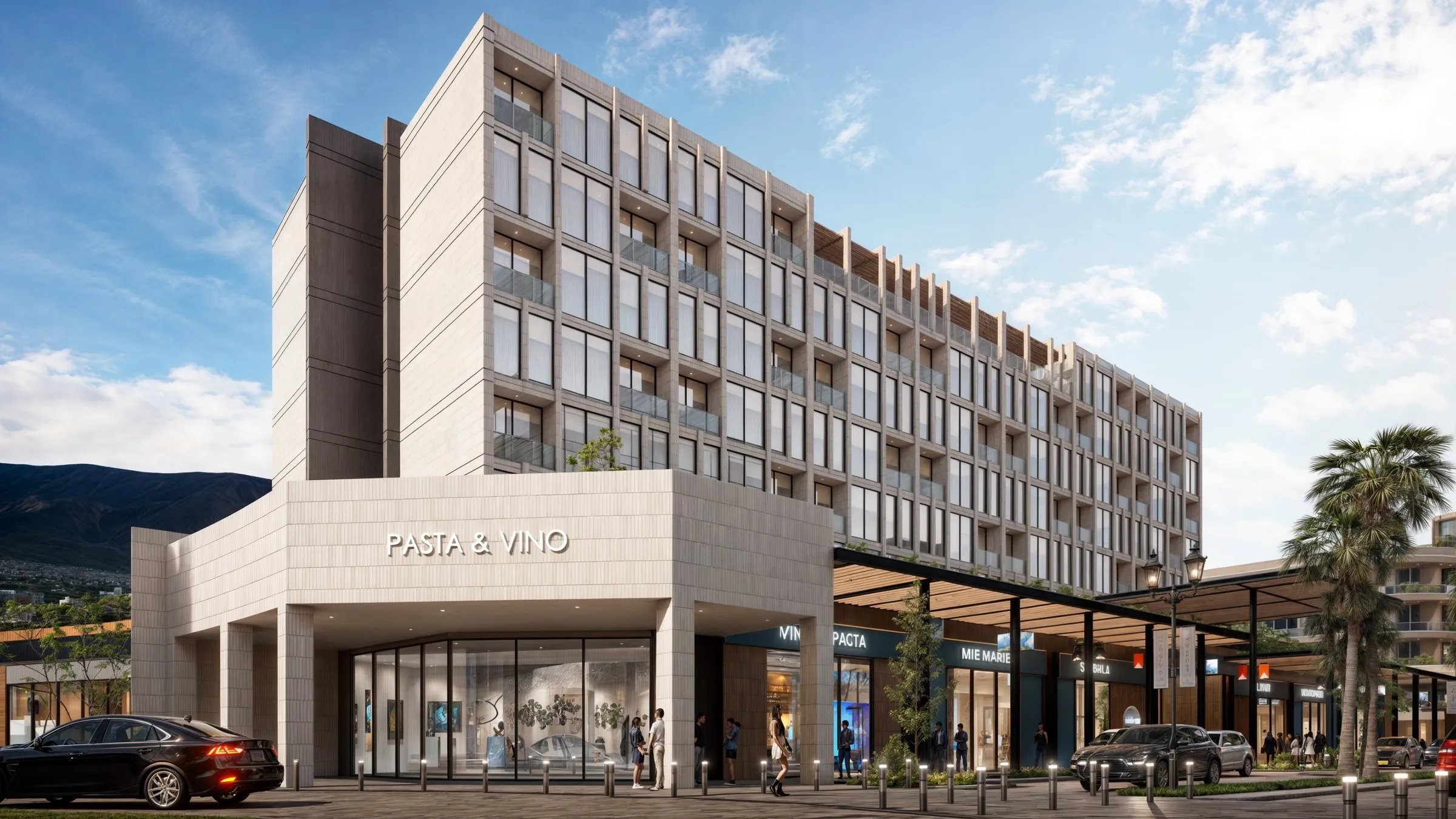 Render de la calle comercial de Parque Norte con locales a nivel de banqueta y edificio residencial